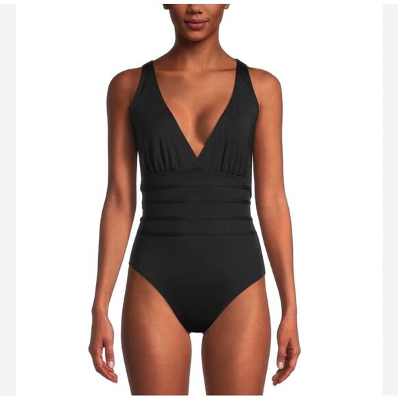 Catherine Malandrino Plunge Cross Back One-Piece Black Swimsuit Size Large - Picture 3 of 6